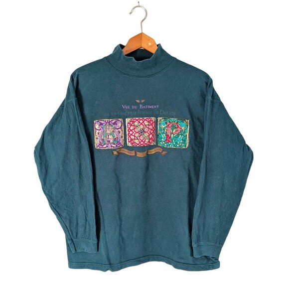 Vintage 90s Green Mock Neck Sweatshirt with Embroidered Tapestry Art 100% Cotton - Picture 4 of 11